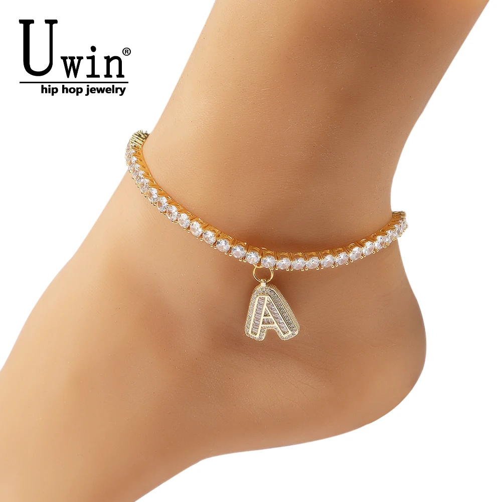 

Uwin 4mm Intial Name Necklace Tennis Anklet With Baguette Letter Iced Out Link Bling Bling Hip Hop Jewelry For Women Men