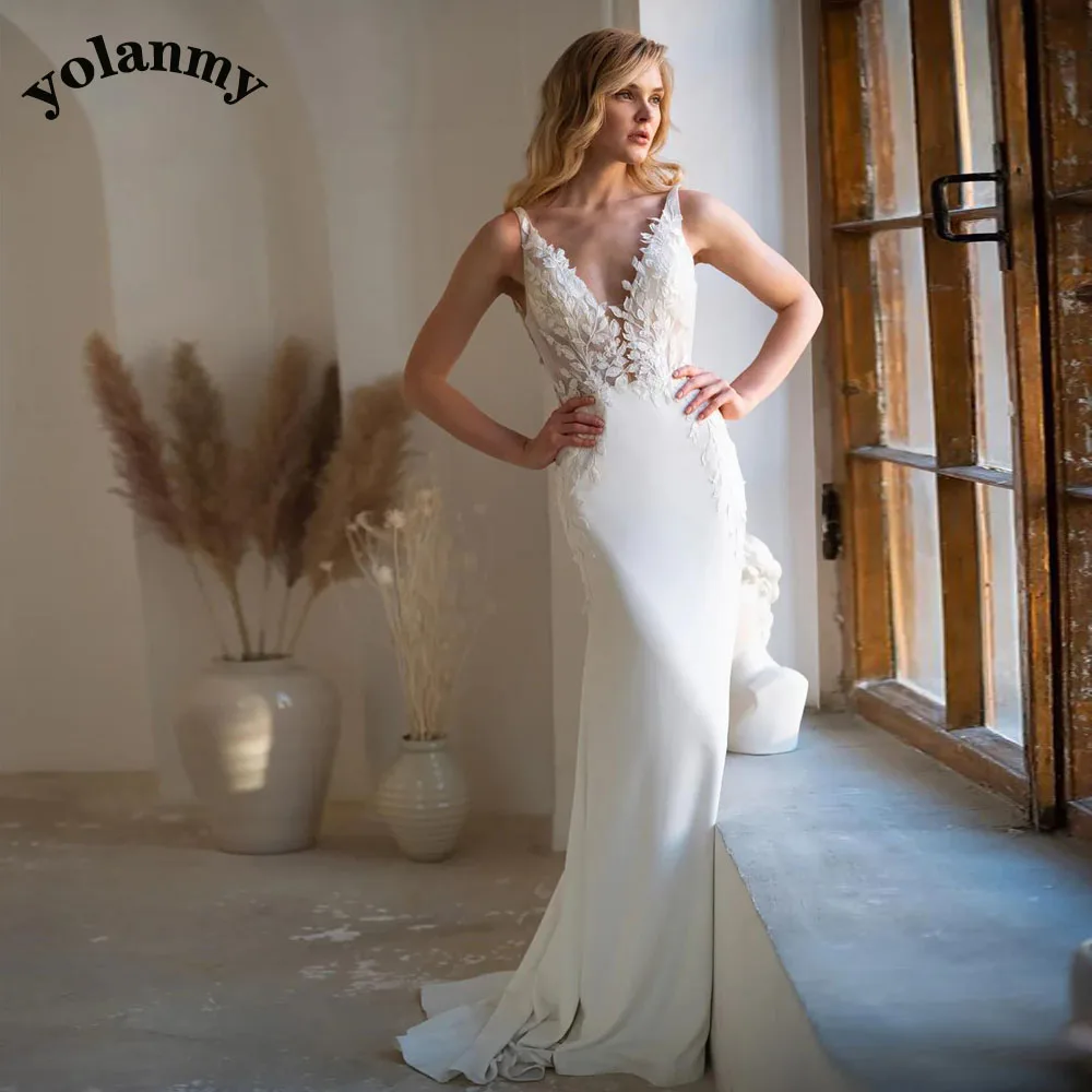 

YOLANMY Charming Wedding Dresses Scoop Satin Sleeveless Appliques Mermiad Bridal Gown Made To Order Brautkleid For Women