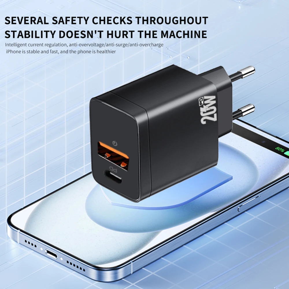 Сетевое зарядное устройство с 2 USB-портами и поддержкой быстрой зарядки, 20 Вт
