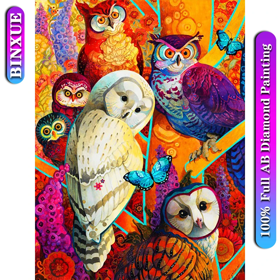 

BinXue 5D DIY Colorful Owl Full 100% Square/Round AB Diamond Painting Kit Animal Cross Stitch Handmade DIY Diamond Mosaic Gifts