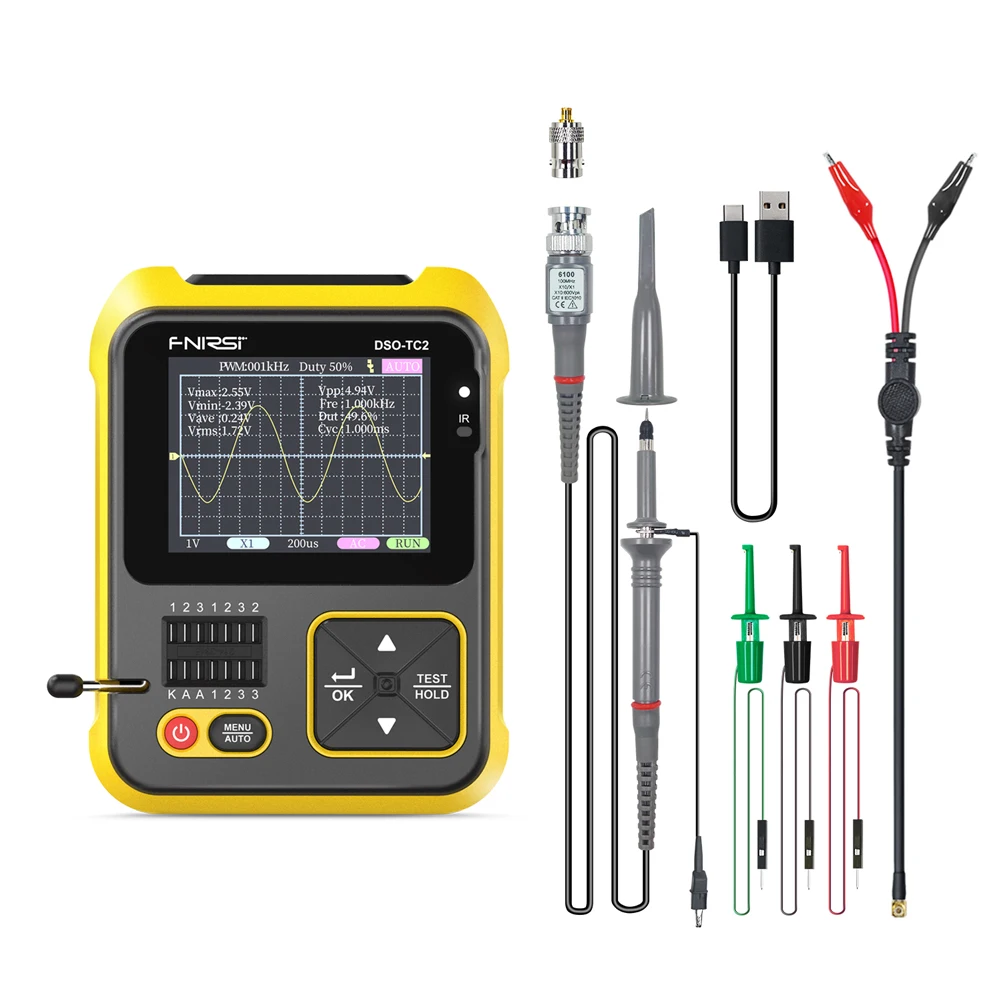 

FNIRSI 2 In 1 Digital Oscilloscope 200kHz Bandwidth Transistor Tester Testing Tool PWM Square Waves Output 2.4In with Backlight