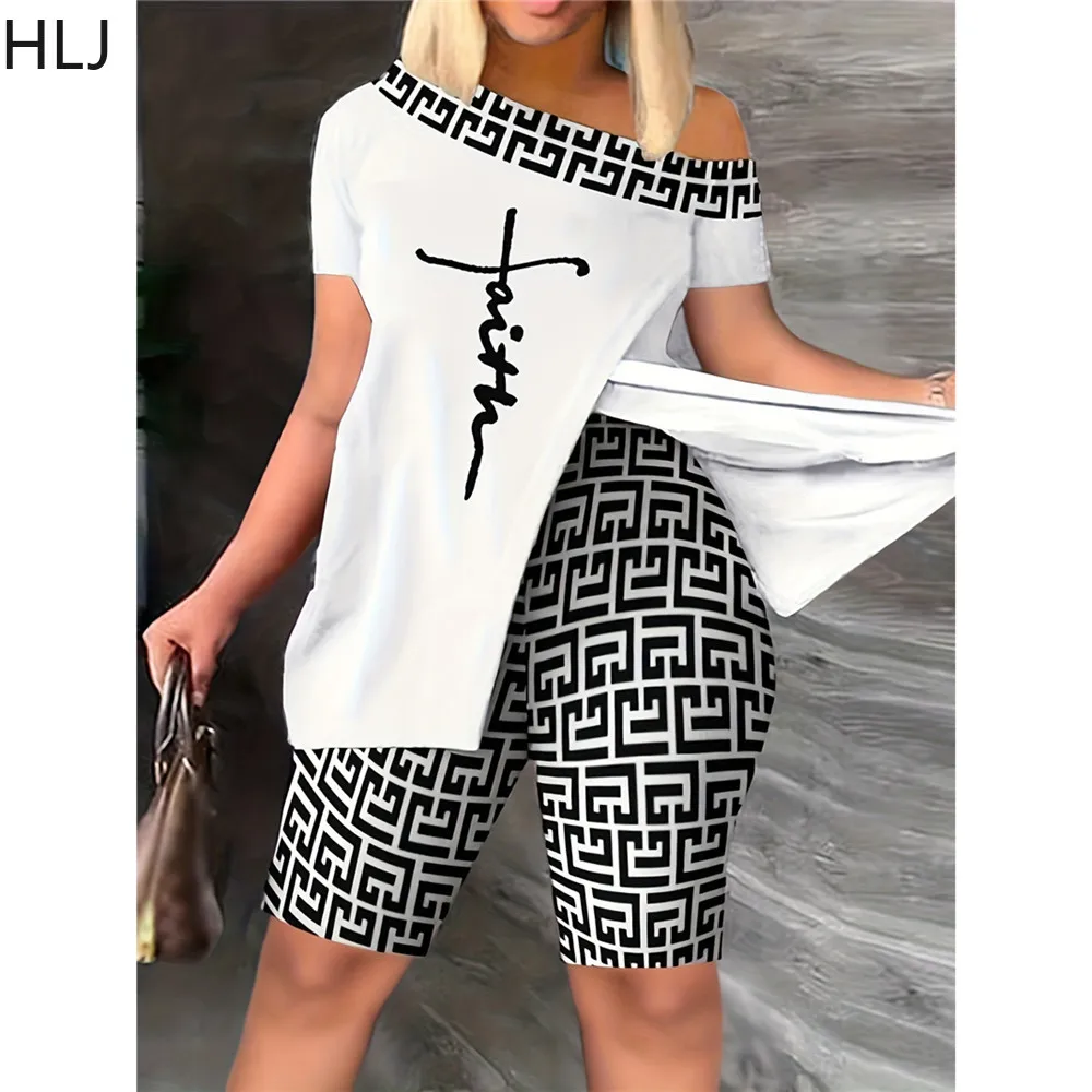 

HLJ Fashion Off Shoulder Printing Two Piece Sets Women Side Slit Top + Biker Shorts Outfits Summer Matching 2pcs Streetwear 2023