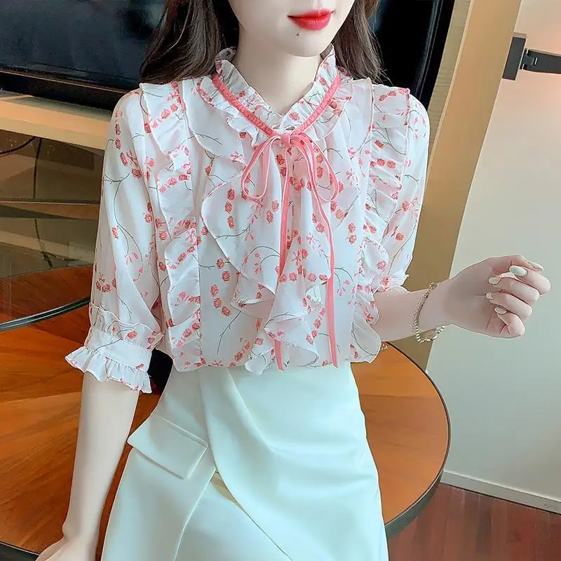 

Super Fairy's blouse top female 2022 summer lace -chiffon shirt short -sleeved ultra -fire lotus leaf edge foreign shirt blouse