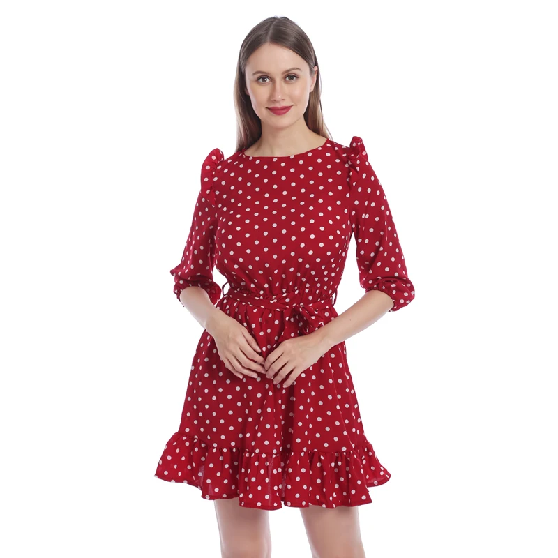 

Women Summer Ruffle Trim Sashes Dress Fashion Round Neck Dot Print Casual Girls Dress Sweet Cute A Line Mini Dresses For Ladies