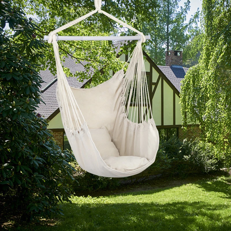 

Large Hammock Chair Swing, Hanging Rope Swing Chair with Detachable Metal Support Bar & Two Seat Cushions, Cotton Hammock Chair