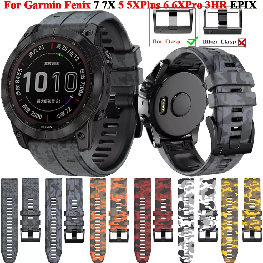 

22 26mm Quickfit Camouflage Silicone Watchband Strap For Garmin Fenix 7 7X 5 5XPlus 6 6X Pro 3HR 935 Smartwatch EasyFit Bracelet