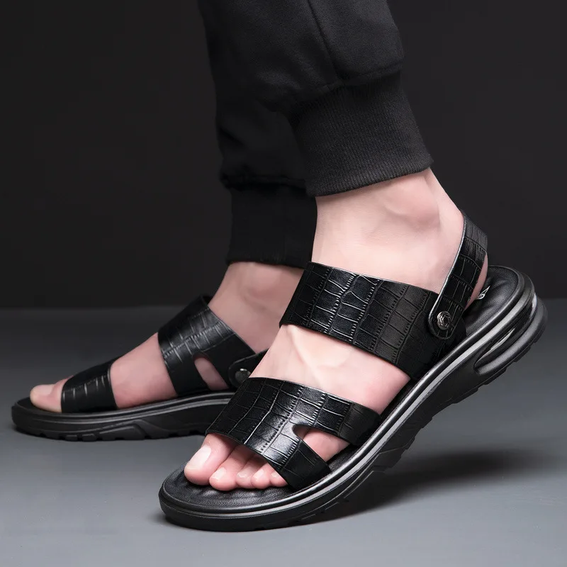 

Летняя пляжная обувь, мужские сандалии, кожаные черные сандалии для мужчин, Уличная Повседневная обувь, обувь на плоской подошве, мужские са...