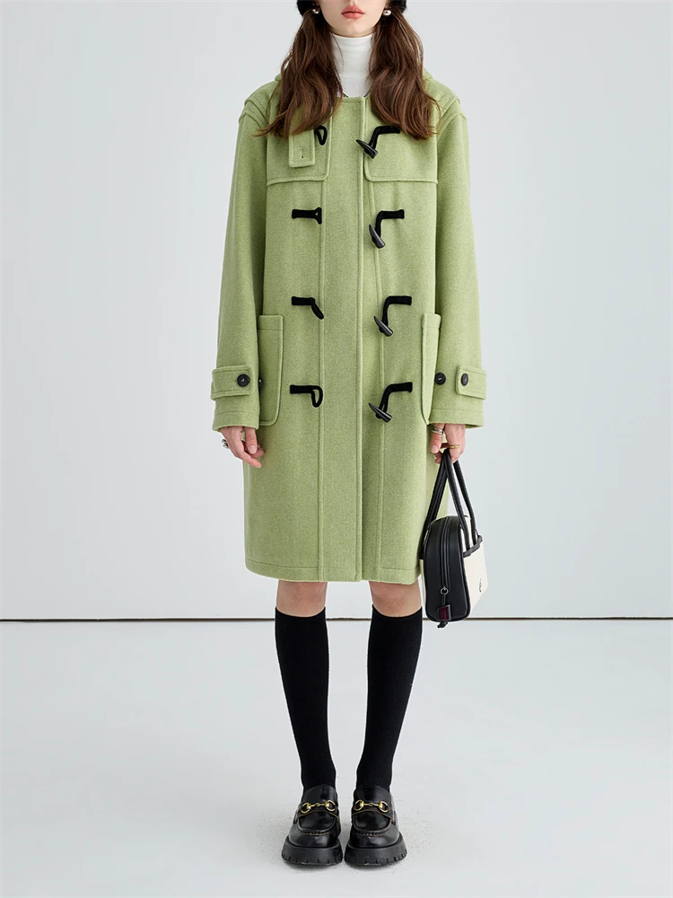 Cow Horn Button Hooded Woolen Coat Women's Autumn Winter New College Style Warm Loose Long Sleeve Mid Length Jacket Female