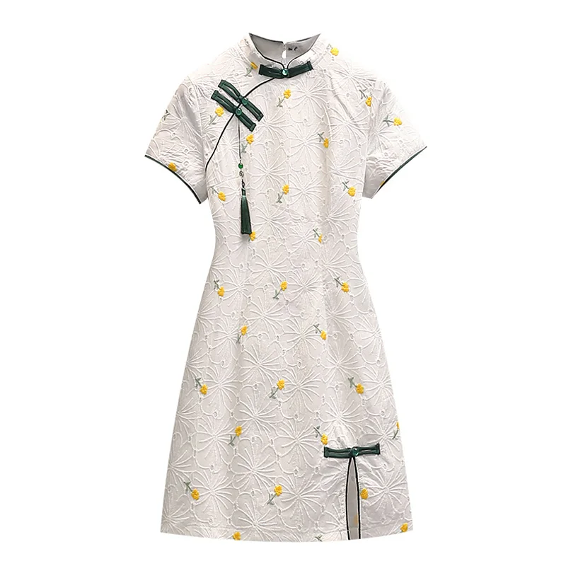 

Summer Women Elegant Chinese Cheongsam Mini Dress Stand Collar Short Sleeve Plus Size Casual Loose Slim Embroidery Party Vestido