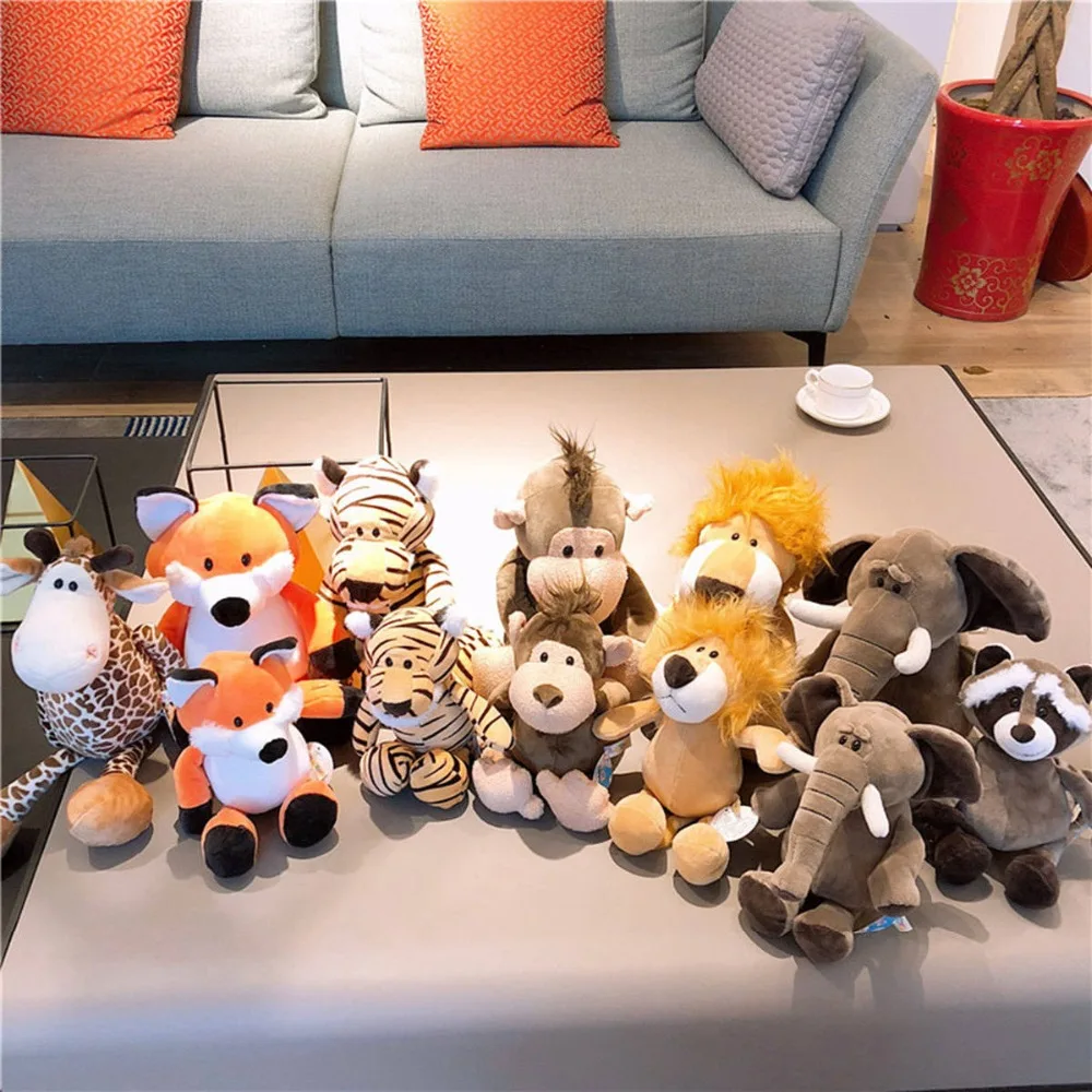 

Animales de peluche de 25cm para niños, elefante, jirafa, mapache, zorro, León, Tigre, mono, perro, juguetes suaves