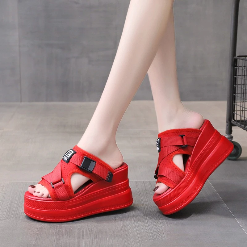 

9CM Summer Platform Slippers Women's sandalsRiband Discolor Ladies Chunky Sole Beach Cool Wedges Slides Shoes Woman Flip flops