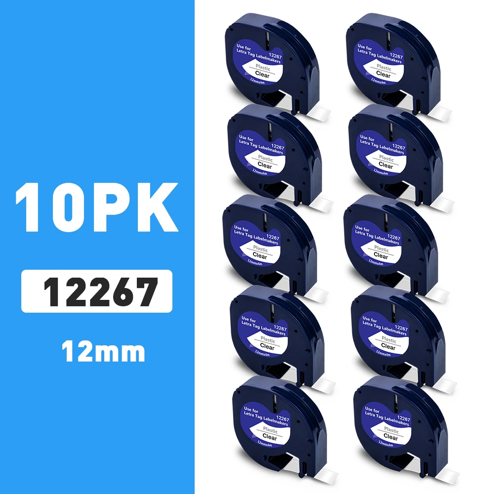 

10PK Compatible Dymo LT Tape 12267 12mm Dymo Label Tape Black on Clear for Dymo Labeling Machine Letratag LT100H LT-100H Marker