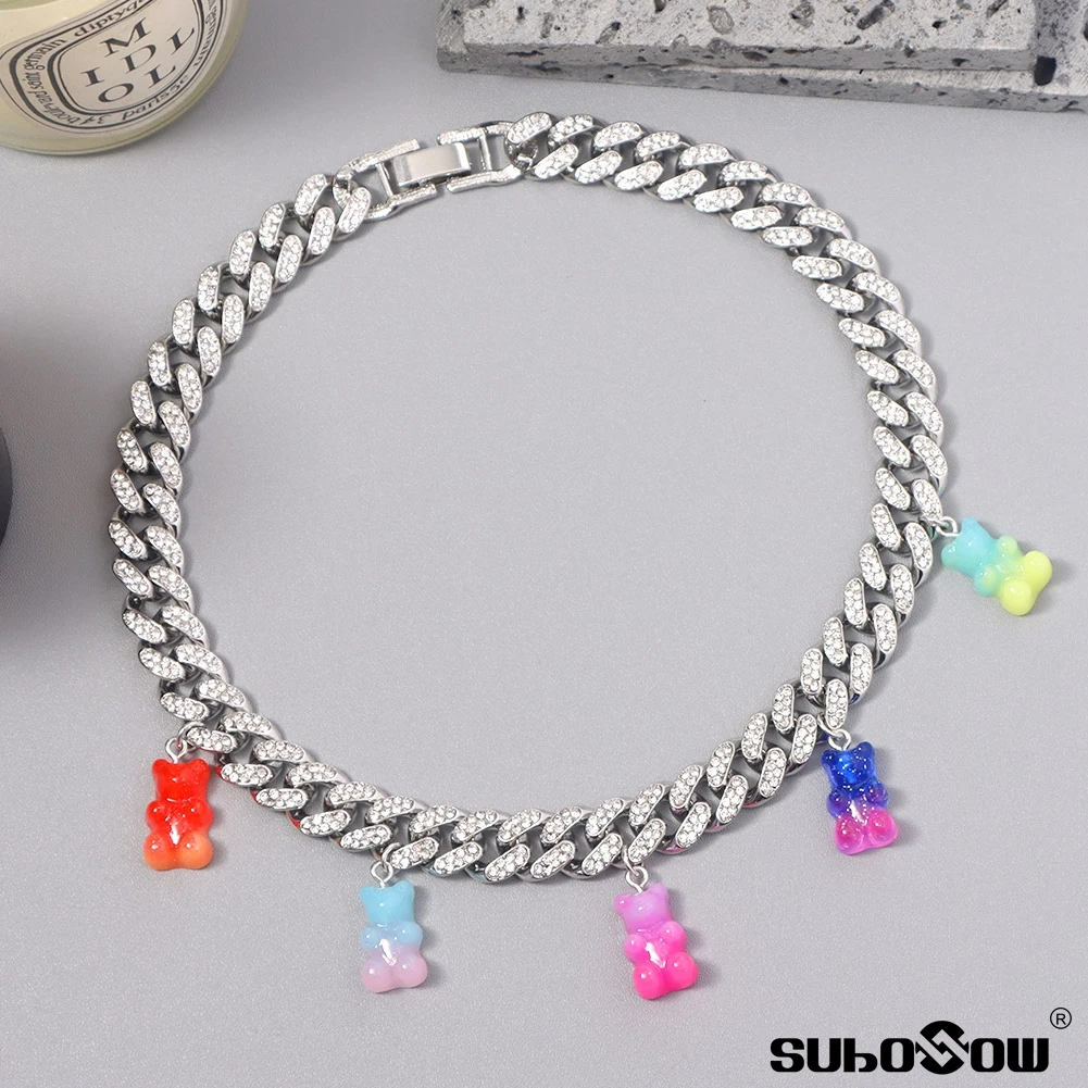 

Iced Out Miami Cuban Link Chain Necklace for Women Colorful Crystal Acrylic Bear Pendant Necklace Choker Hip Hop Jewelry Gift