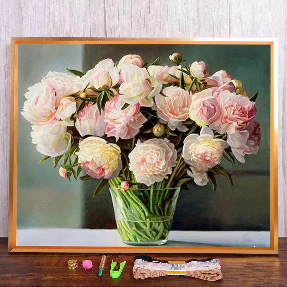 

Цветочная ваза, роза, печатный водорастворимый холст 11CT, вышивка крестиком, «сделай сам», полный набор для вышивки, DMC нити, рукоделие, живопи...