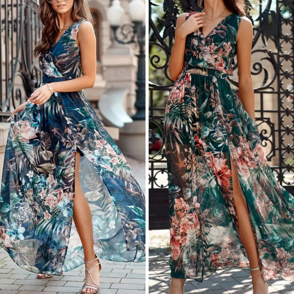 

Stylish Women Dress Summer Women Sundress Printed Slit Long Dress Large Hem