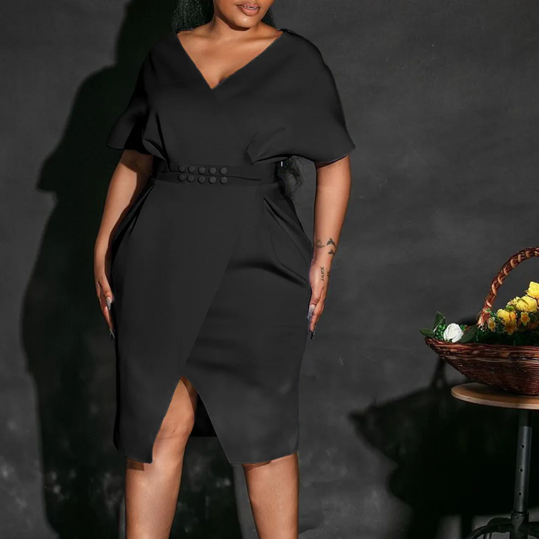 Plus Size Pretty Dress Elegant V Neck Belt Formal Cloth Casual Luxury Party Robe 2023 Summer Women Trendy Evening New In Dress