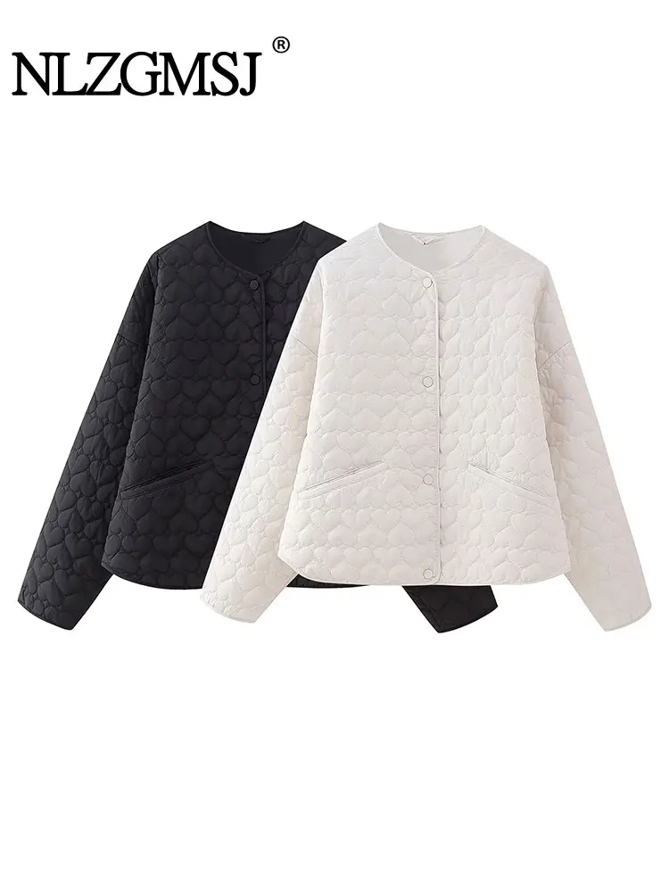 

Женская зимняя куртка-бомбер Nlzgmsj TRAF, белая Элегантная куртка-бомбер с длинным рукавом и черным сердечком, осенняя верхняя одежда, 2023