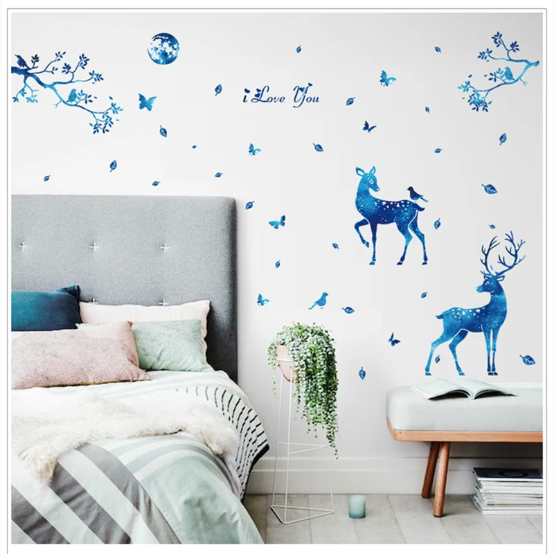 

New Blue Starry Deer Wall Stickers Nordic Modern Living Room Porch Bedroom Background Decorative Painting Wall Decoration