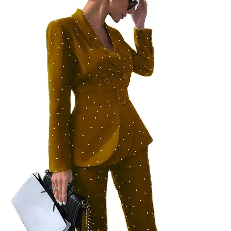 Women's Elegant Blazer Pant suit Black Red Polka Dot Long Sleeve With Belt Work Office Female Casual Jackets 2 Pieces Set