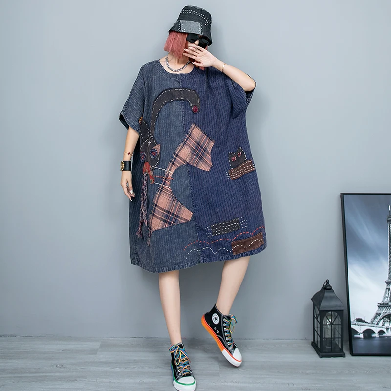 

Женское Свободное платье в ретро стиле, платье средней длины из старой ткани с вышивкой и наклейками ручной работы, лето 2023