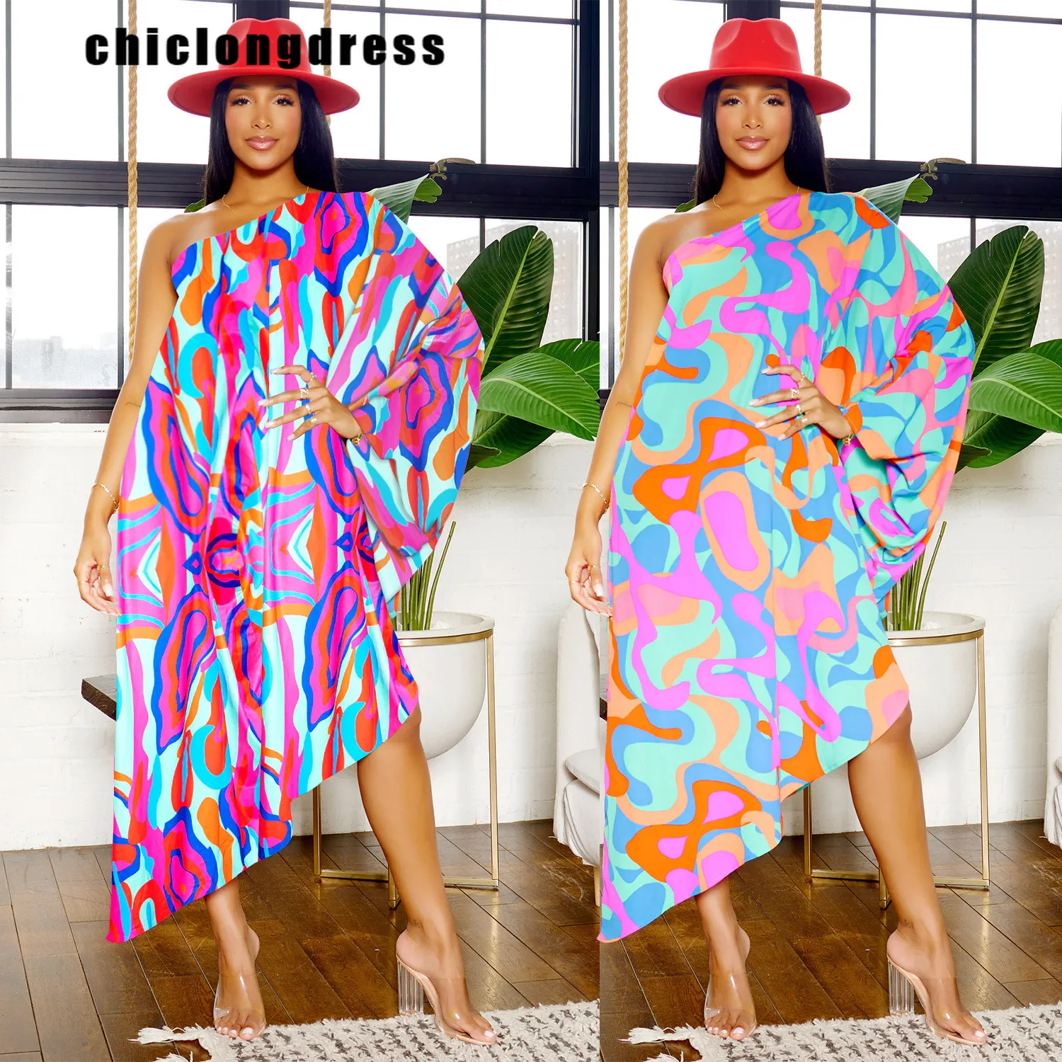

Autumn Casual Printed Dress Women Fashion Diagonal Neck Off Shoulder Single Sleeved Loose Irregular Dress Women