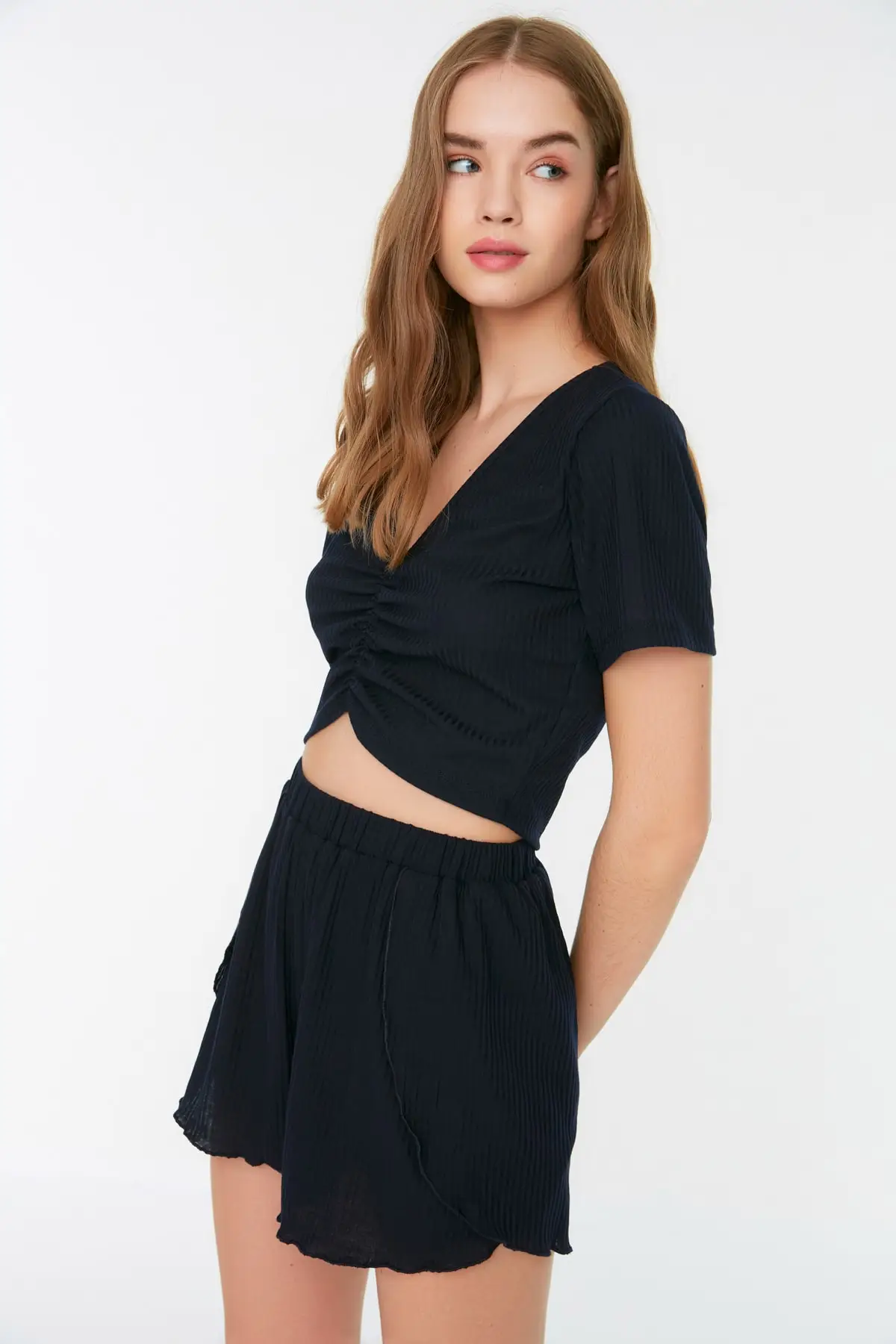 

Women's Pajamas Navy Blue Crop Camisole Knitted Sleep Lounge Pajamas Nightwear Nightwear Casual Home Clothing