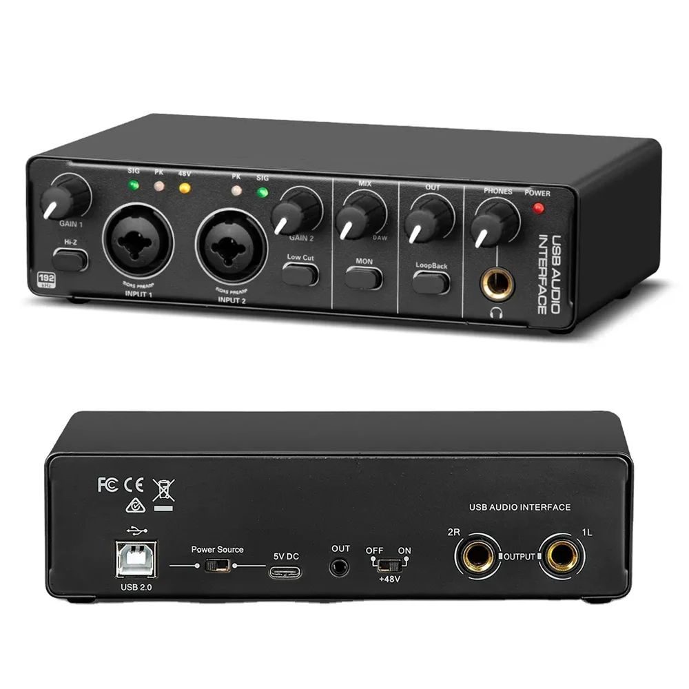 Audio Interface Sound Card With Monitor Mixing Console Studio Recording Microphone 48V Phantom Power Sound Mixer