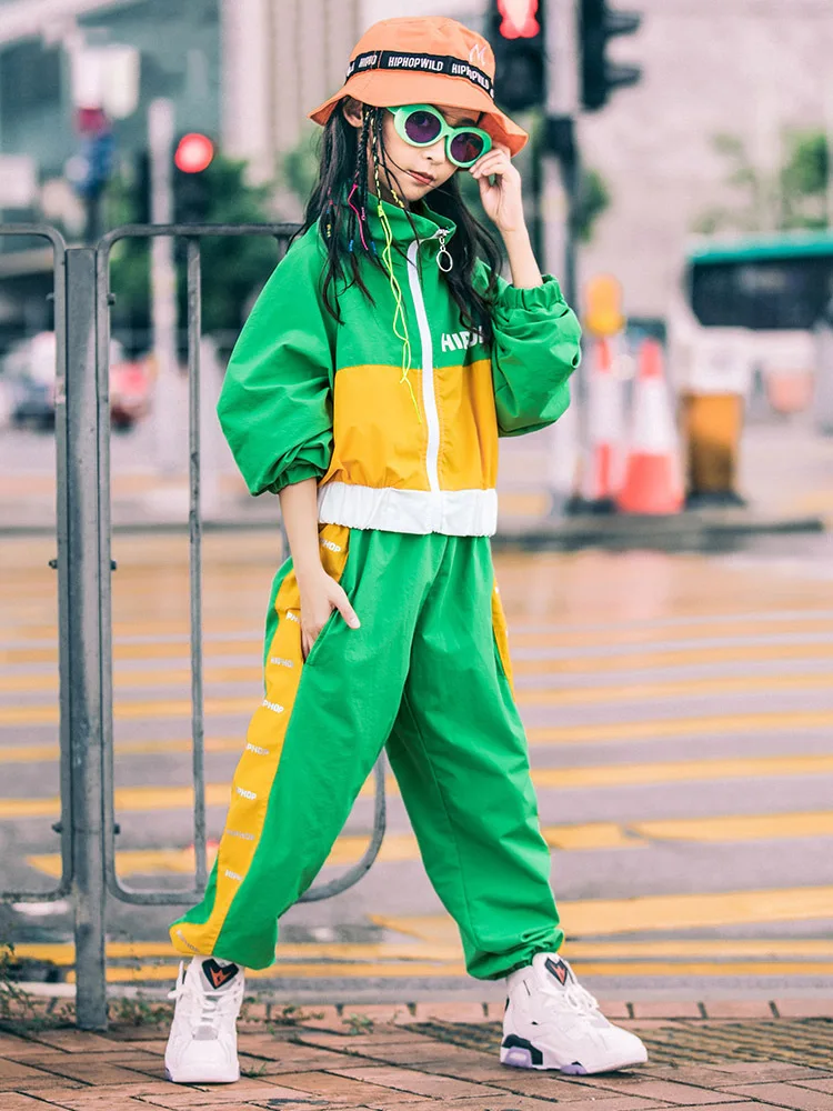 

Korean Kpop Style Children's Street Dance Spring Autumn Hip-hop Popping Suits Sportswear Girls Performance Green Dancewear