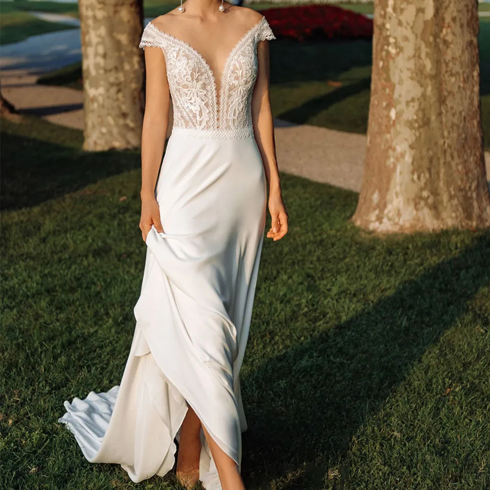 

Charming Sheer Neck Boho Wedding Dress Simple Cap Sleeves Chiffon Beach Bride Dress Plus Size Bridal Gown Customized