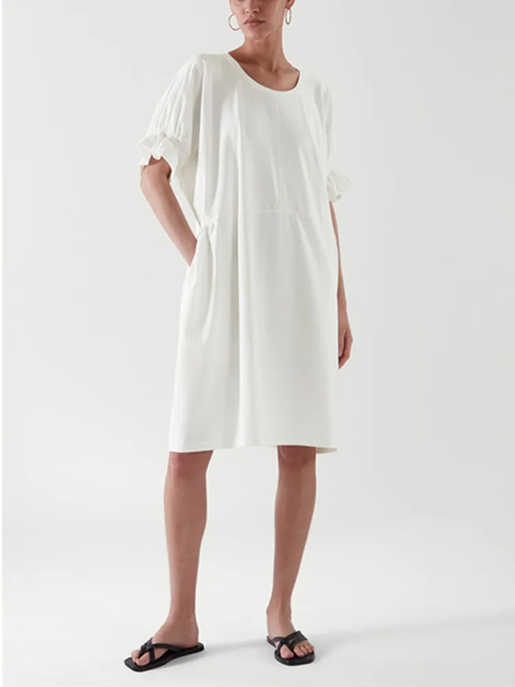 

Women White Mini Dress Simple Ladies Temperament Fashion O-Neck Loose Ruffles Sleeve Folds Short Robe 2022 Spring New