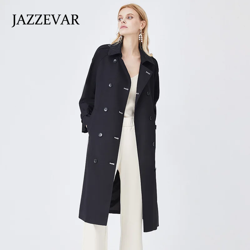 JAZZEVAR Double Breasted Medium Length Black Trench Coat Women's Autumn British Windbreaker