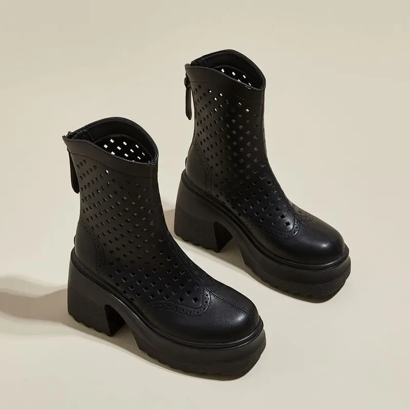 New Genuine Leather Mid Calf Boots Platform Hollow Fashiong Heels Booties Summer Sandals Females Women Boots Long Tube Shoes