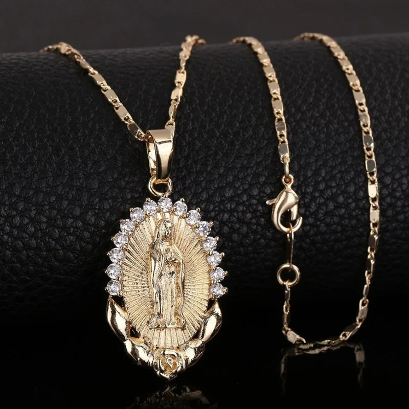 

Holy Virgin Mary Pendant Necklace Religion Dainty Golden Christian Cubic Zircon Necklace Women Christian Jewelry Gifts