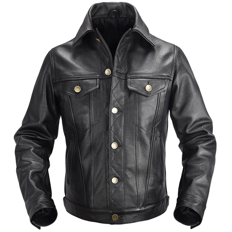 

Черная Весенняя мужская куртка в повседневном стиле размера плюс 3XL из натуральной воловьей кожи, Осеннее приталенное короткое пальто из натуральной кожи