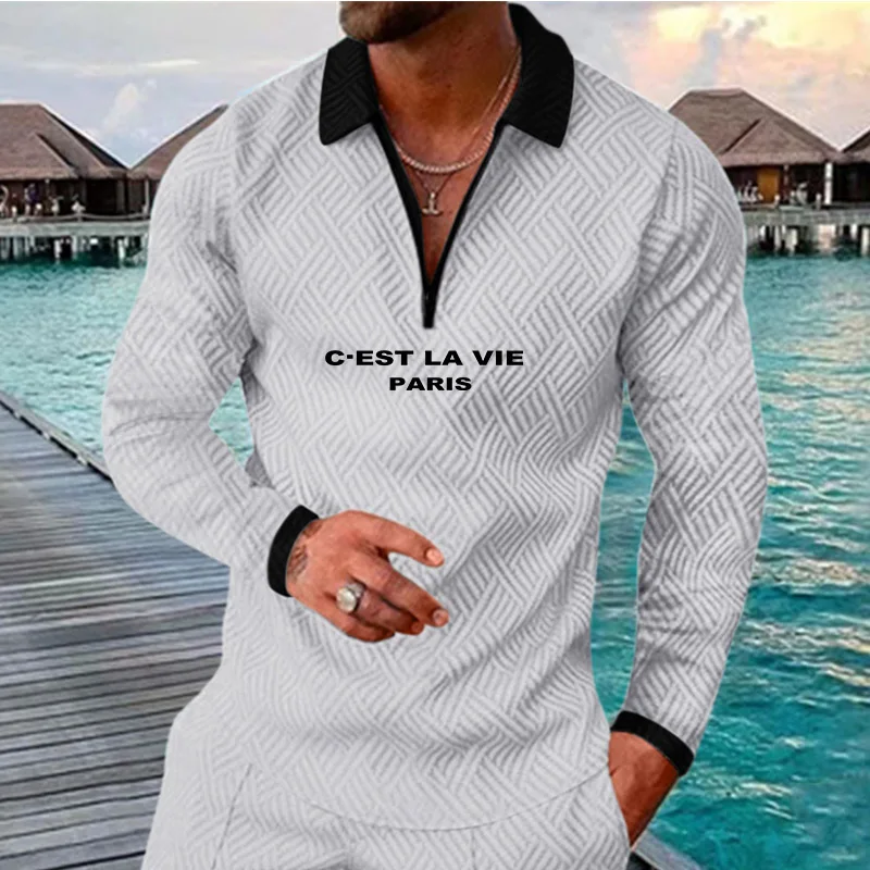 

2022 autumn new long-sleeved polo shirt PARIS men's lapel sports zipper shirt simple design atmosphere European size 3XL