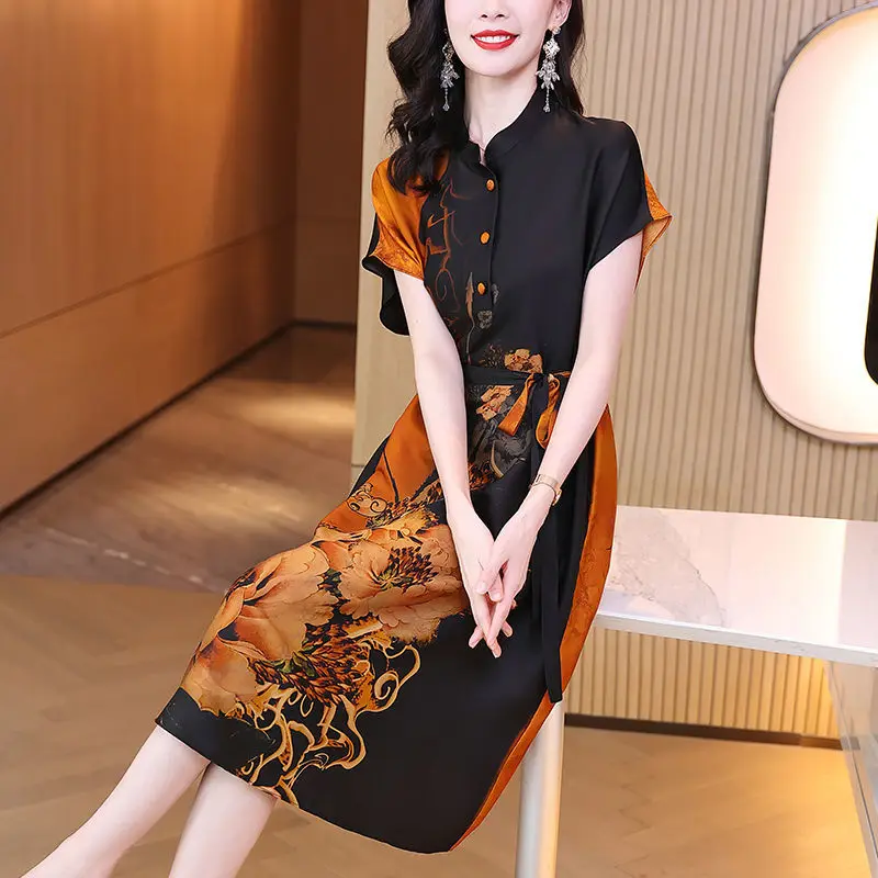 Модное шелковое винтажное платье с воротником-стойкой и пуговицами женская