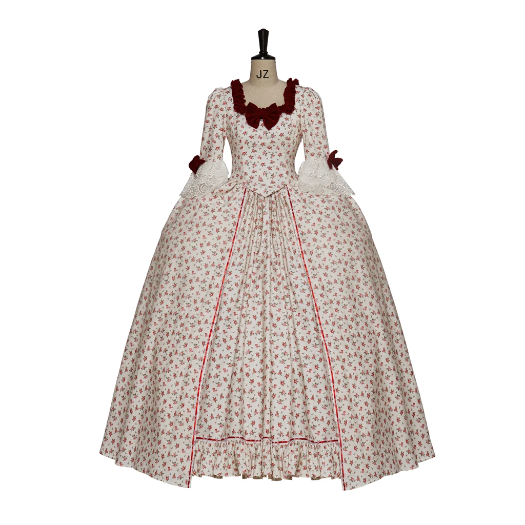 

Благородное красное Цветочное платье 18-го века Марии-Антуанетты, викторианское бальное платье, костюм рококо, костюм на Хэллоуин