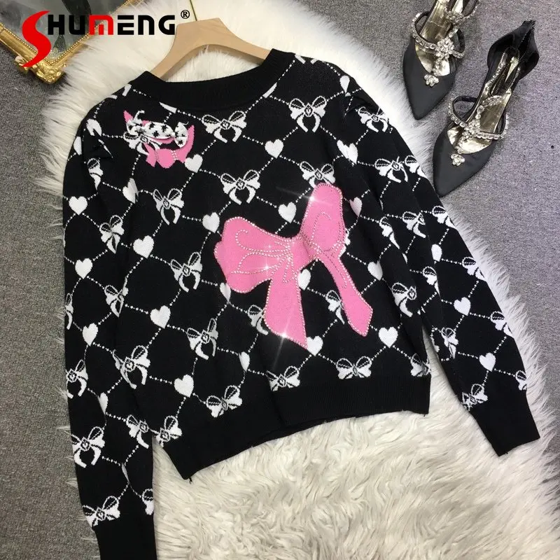 

French Cute Bow Heavy Embroidery Hot Drilling Sweater Short Round Neck Long Sleeve Autumn and Winter New Knitted Pullover