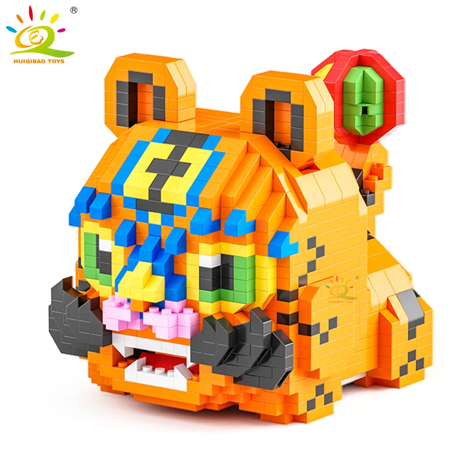 

HUIQIBAO Lovely Cartoon Tiger Model Micro Building Blocks Diamond Small Particles Cute Pet Animal Bricks Toys for Children