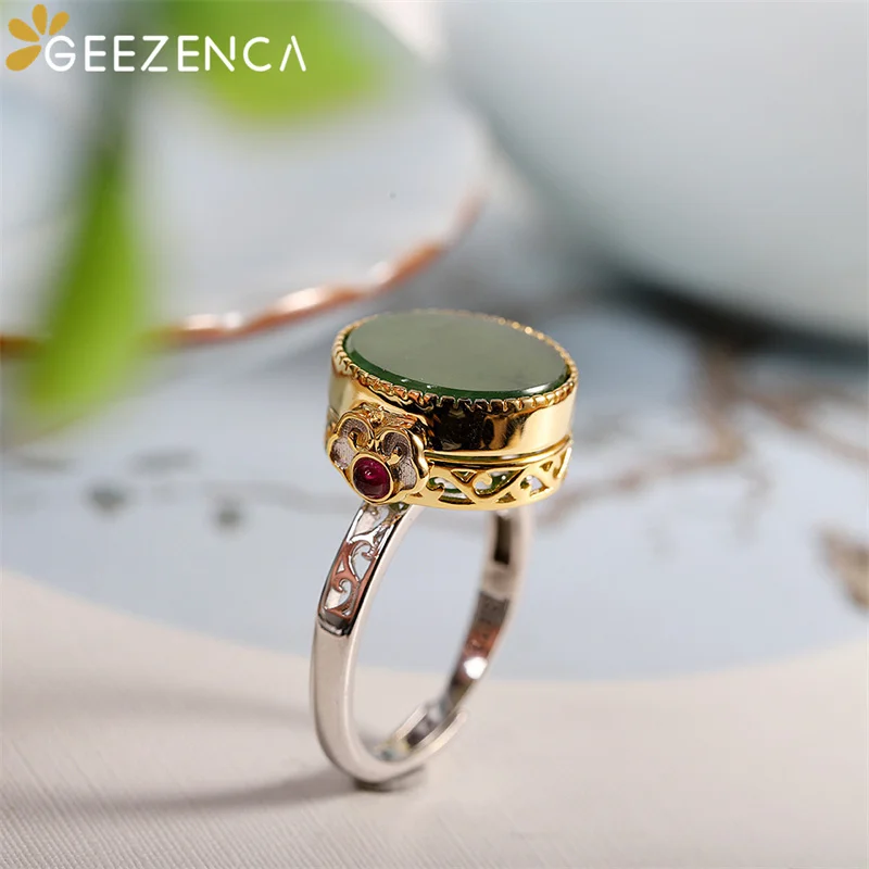 GEEZENCA S925 Silver Jade Jasper Locket Ring Pendant Vintage Luxury Openable Lucky Rings Pendants Jewelry Sets Without Chain