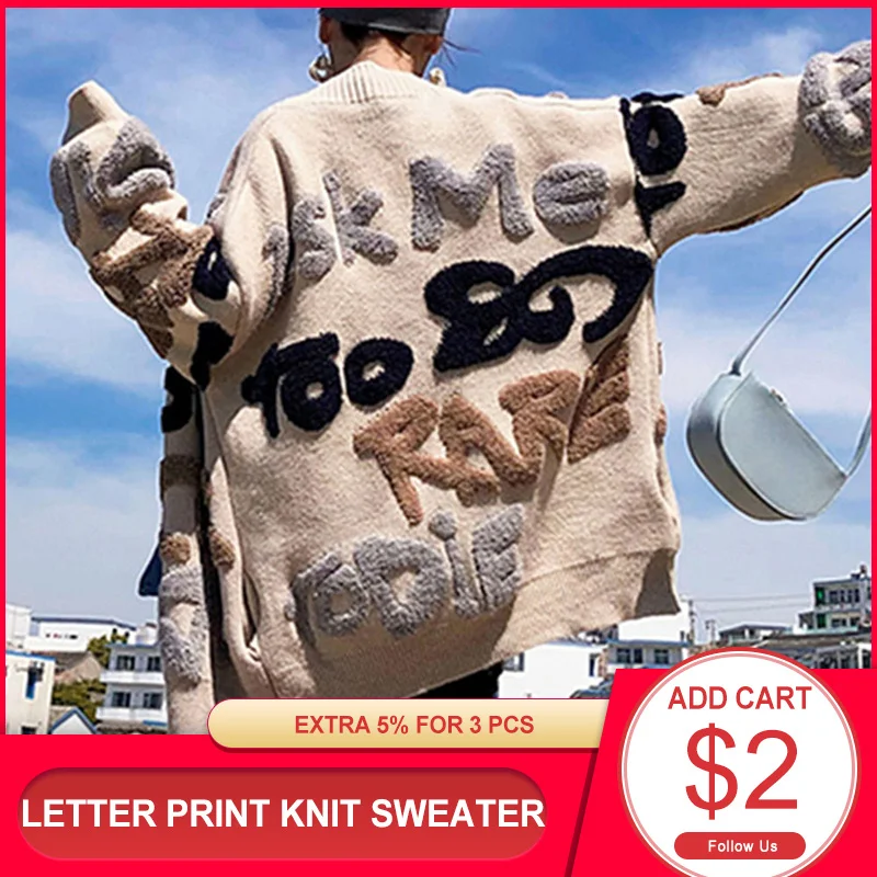 

Casual Oversize Letter Print Cardigan Sweater Fashion Thick Warm Korean Knitted Coat Outwear Knitwear For Women 2024 Jersey