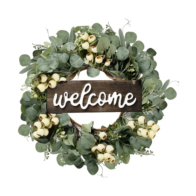 

Artificial Eucalyptus Wreath With White Berries For Front Door Wall Window Festival Porch Farmhouse Patio Garden Decor