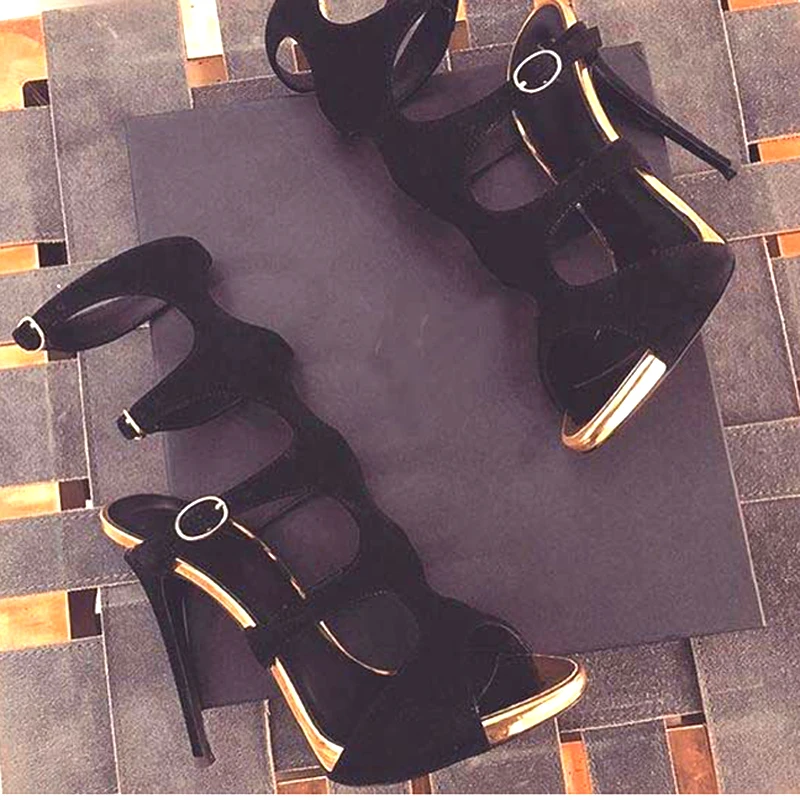 Черные замшевые Лоскутные сандалии с ремешком и пряжкой Женские модные