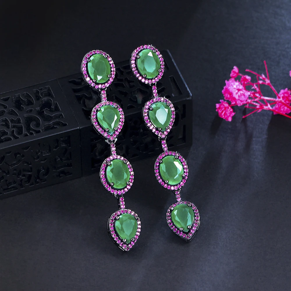 

ThreeGraces Emerald Green Cubic Zirconia Long Dangle Drop Earrings for Women Brazilian Fashion Black Gold Color Jewelry ER851