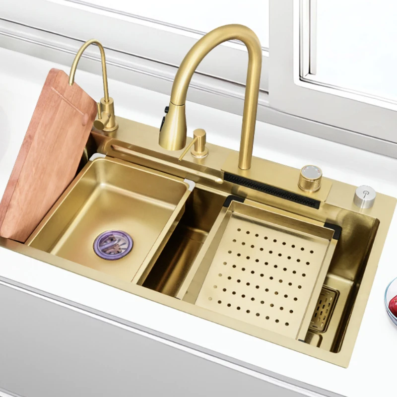 

Waterfall Kitchen Sink Gold 304 Stainless Steel Raindance Large Single Bowl Wash Basin Drain Kitchen Accessories Set Topmount