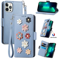 leather flip case for iphone 13 pro max 12mini 11 xs xr x 7 8 6 plus se 2020 cute 3d flowers wallet shockproof stand phone cover