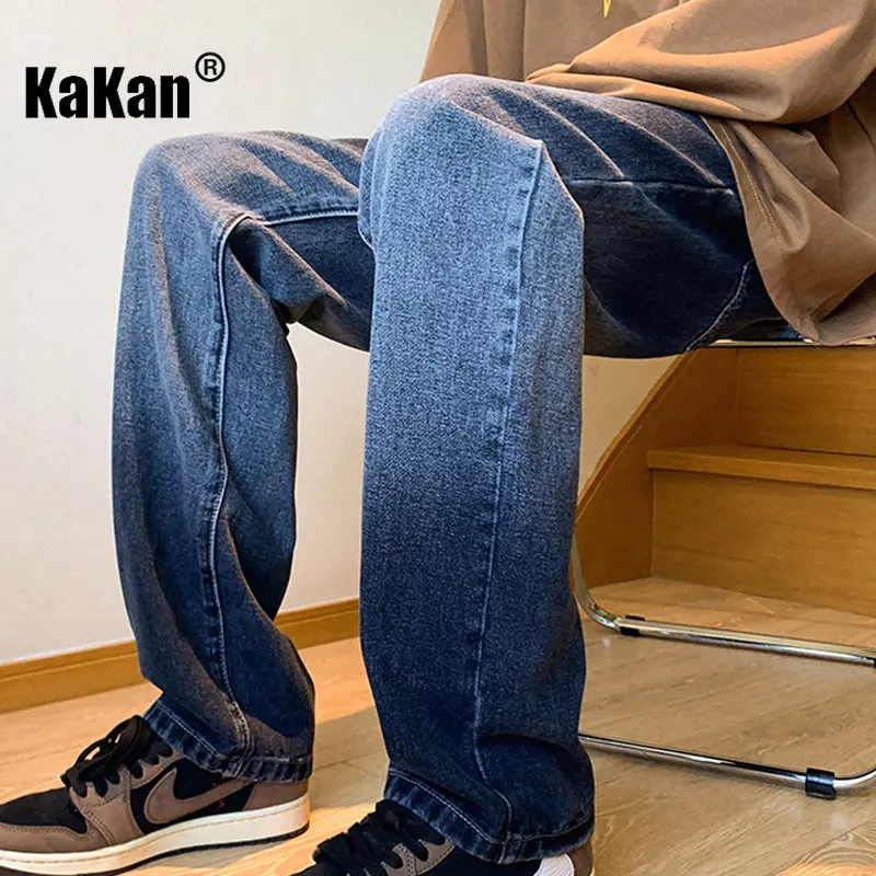 Kakan - New Washed Gradient Jeans for Men, High Street Fashion Brand Black Slim Fit Straight Length Jeans K24-KJ2669