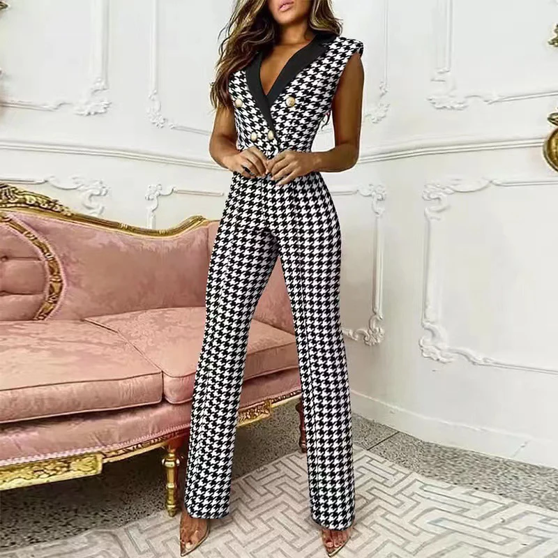 Women Elegant Office Ladies Button Rompers Fashion Houndstooth Print 2022 Summer Jumpsuits Casual Wide Leg Pants Playsuits
