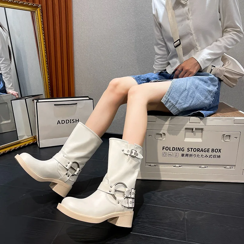 Genuine Leather Western Cowboy Boot 2023 Spring/Summer New British Style Retro Metal Buckle Mid-Calf Martens Booties Women