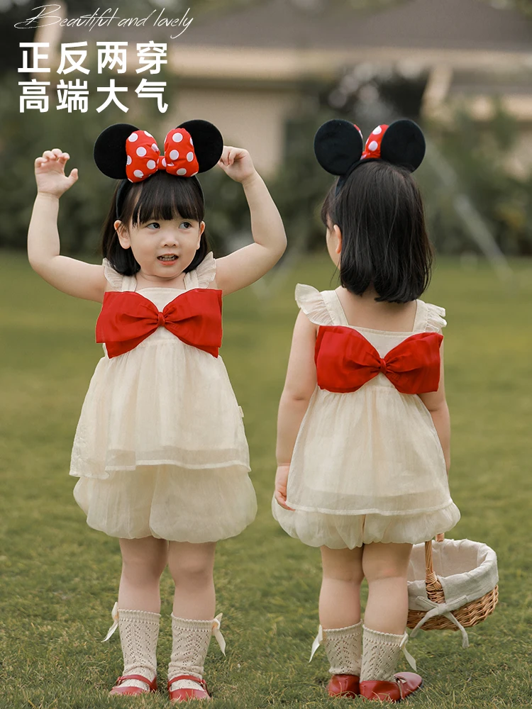 

Girls Summer Cute Suspender Shirt Three-dimensional Big Bow Baby New Front and Back Two Wear Sleeveless Top Tide